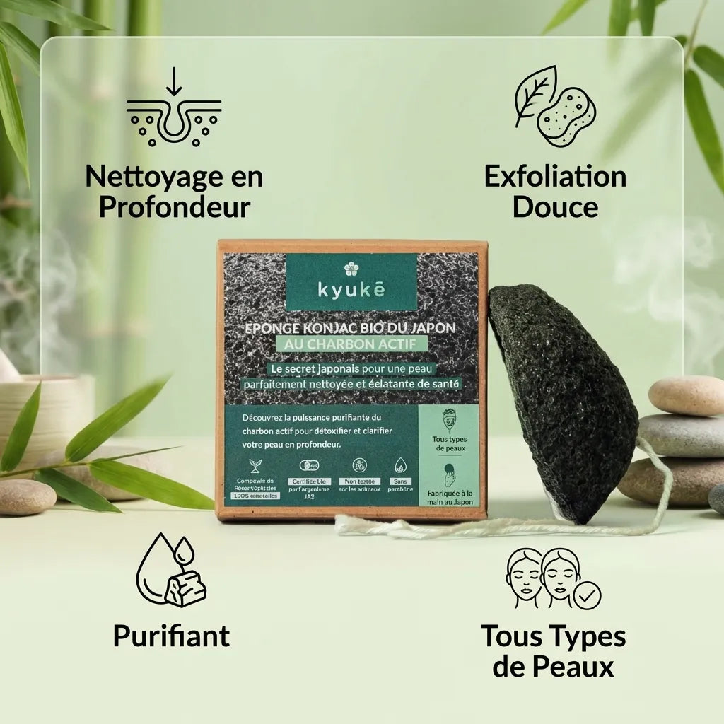 Éponge Konjac Bio Kyuké au Charbon actif avec bénéfices nettoyage et exfoliation douce