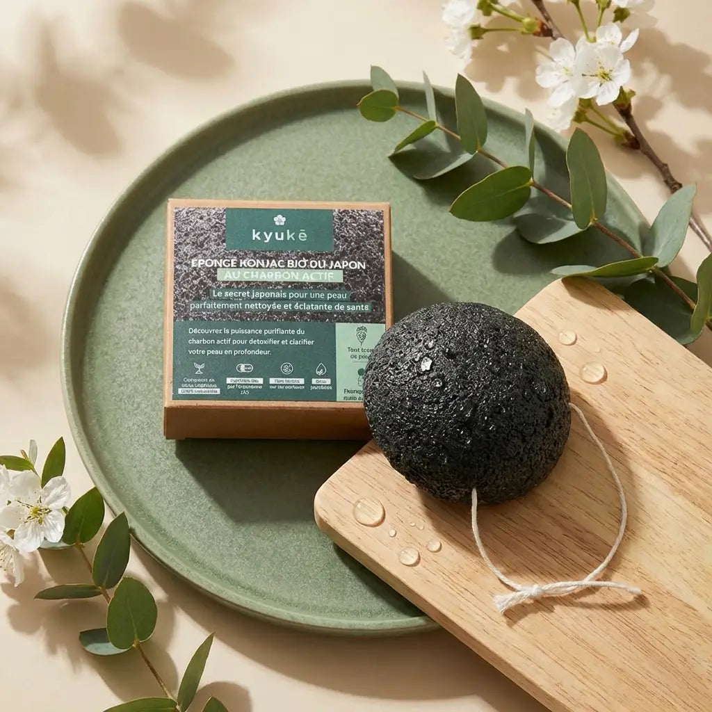 Éponge Konjac Bio Kyuké au Charbon actif sur décoration spa minimaliste