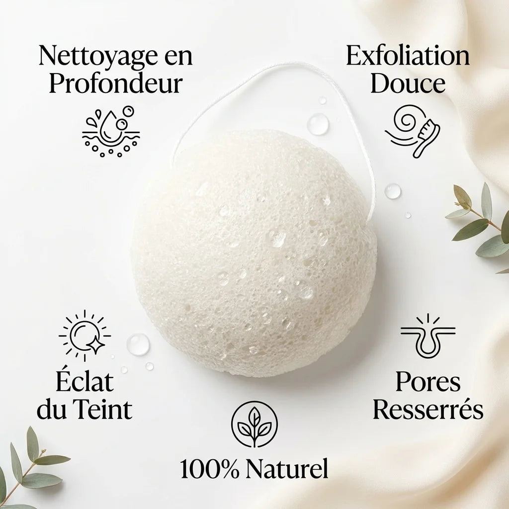 Éponge Konjac blanche naturelle avec infographies des bénéfices skincare - nettoyage, exfoliation, éclat