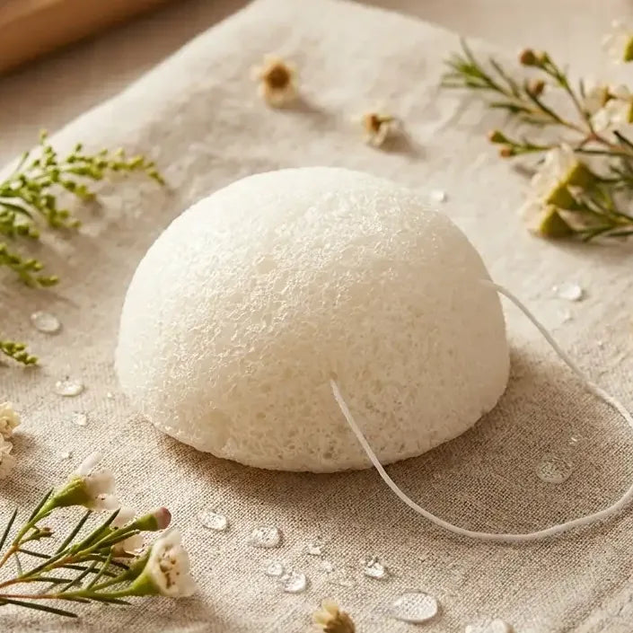 Éponge Konjac blanche naturelle avec botaniques pour douceur et éclat du teint
