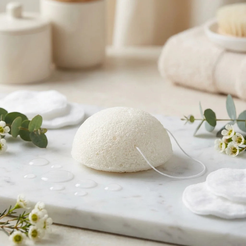 Éponge Konjac blanche naturelle sur marbre pour douceur et éclat du teint