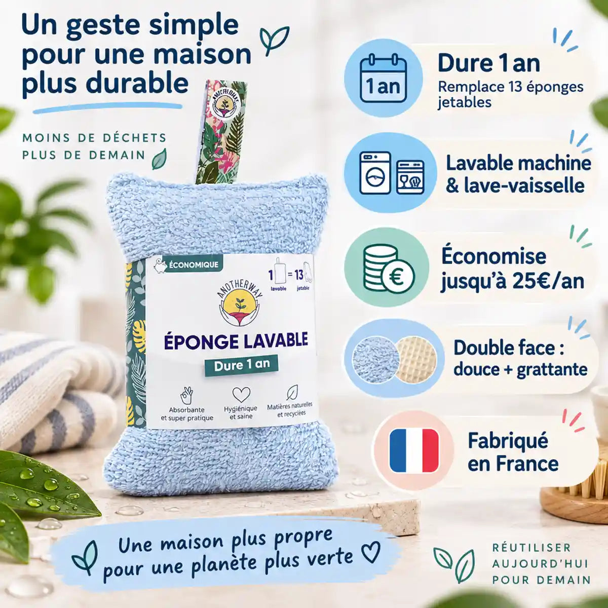 Éponge lavable bleue Anotherway écologique avec avantages: durabilité, lavable machine, économies