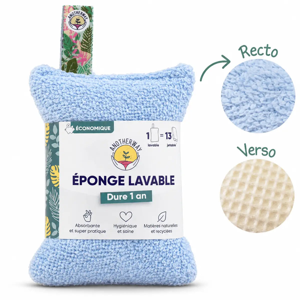 Éponge lavable bleue écologique Anotherway avec boucle, vue recto verso