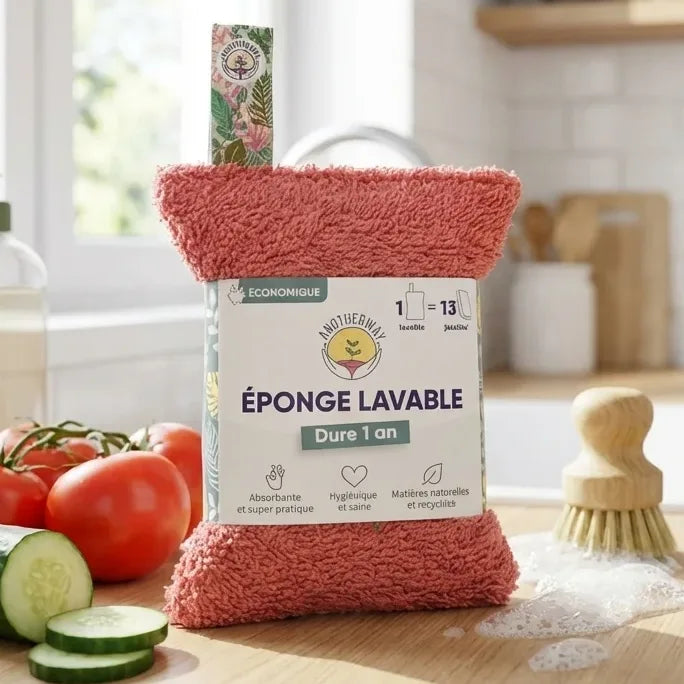 Éponge lavable Corail Anotherway en cuisine avec légumes frais et savon