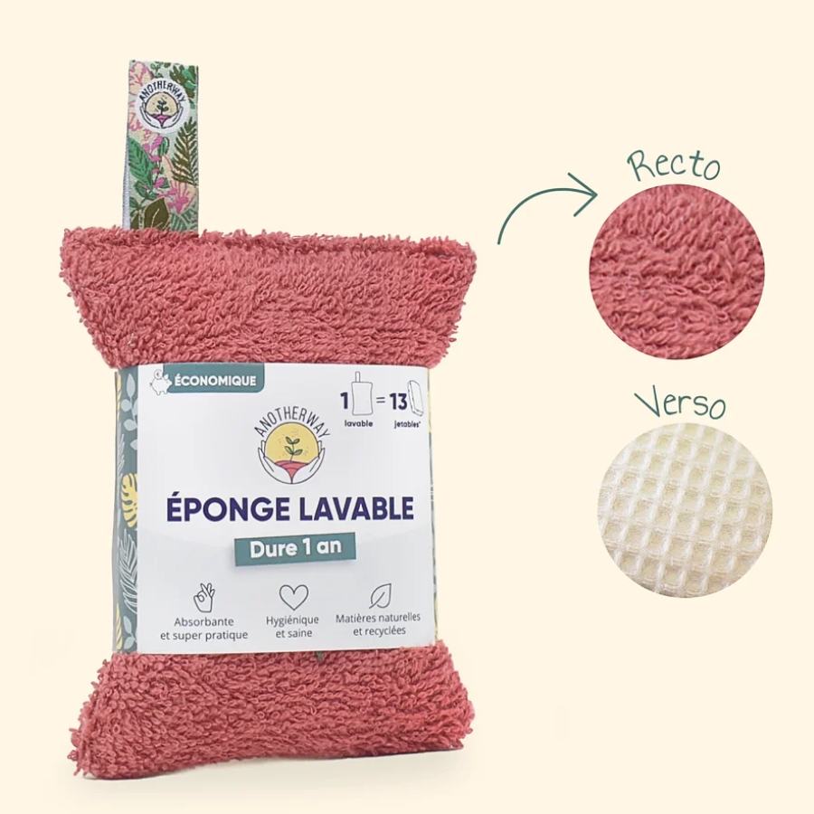 Zoom sur le recto et le verso de l'éponge lavable de la marque Anotherway
