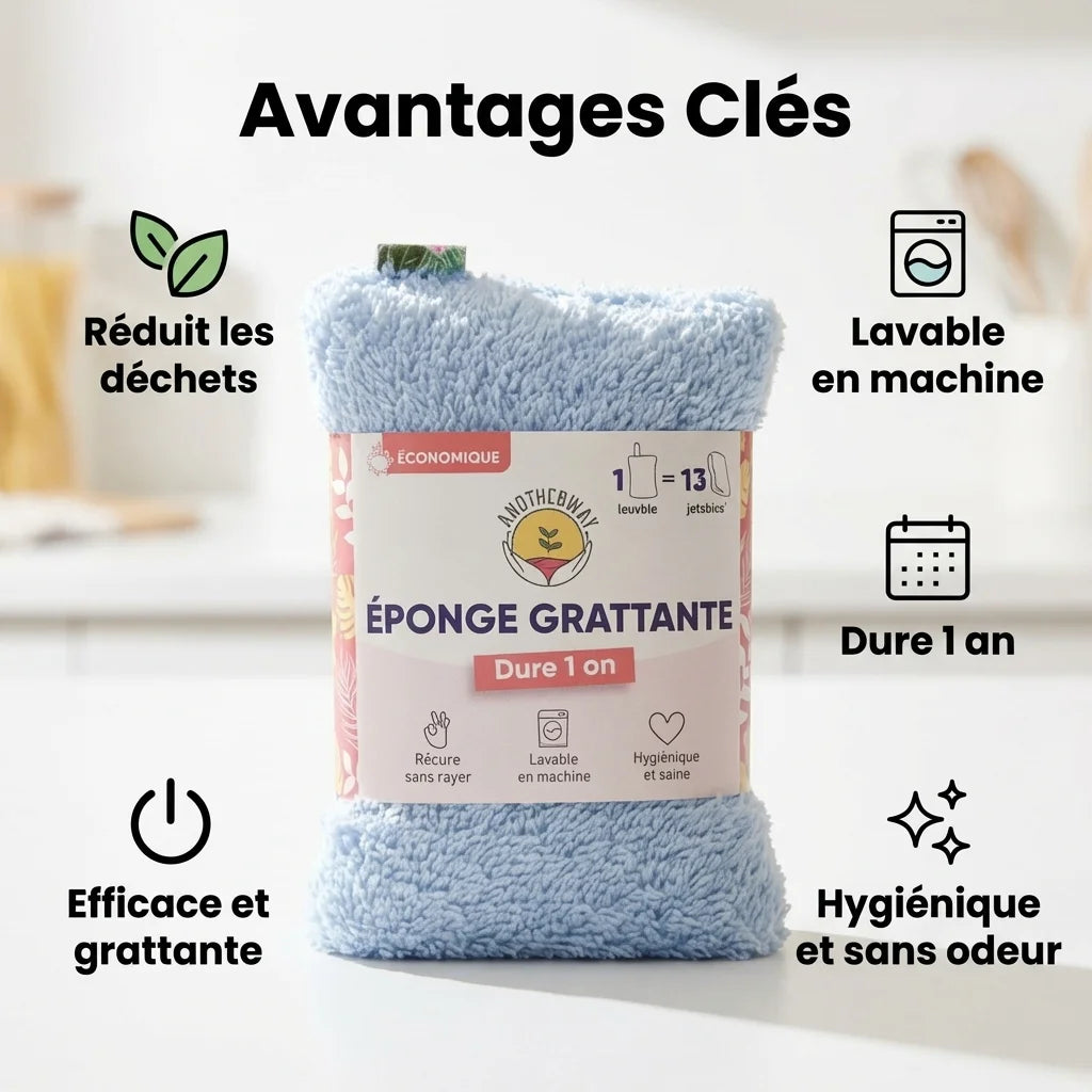 Éponge lavable bleue Anotherway avec infographie des 5 avantages écologiques et durables