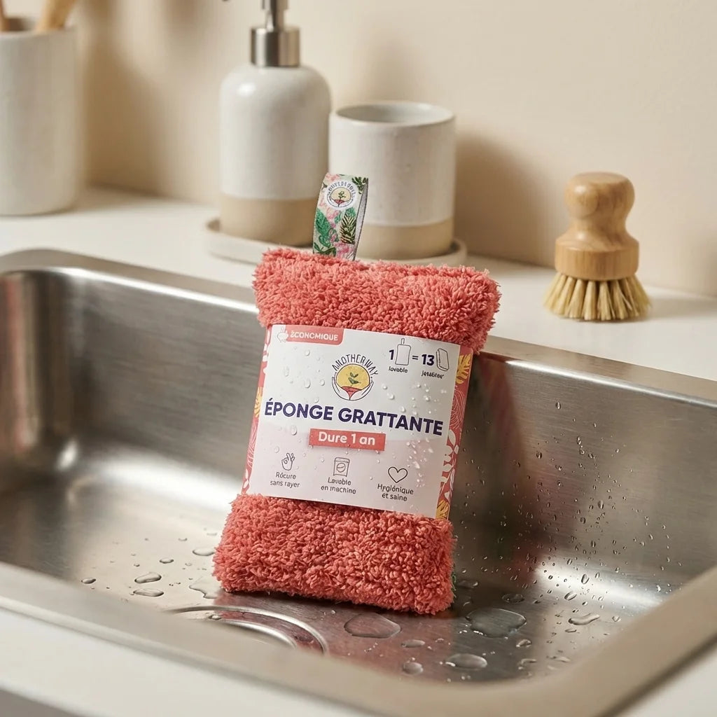 Éponge lavable grattante Corail Anotherway dans un évier de cuisine moderne avec gouttelettes d'eau