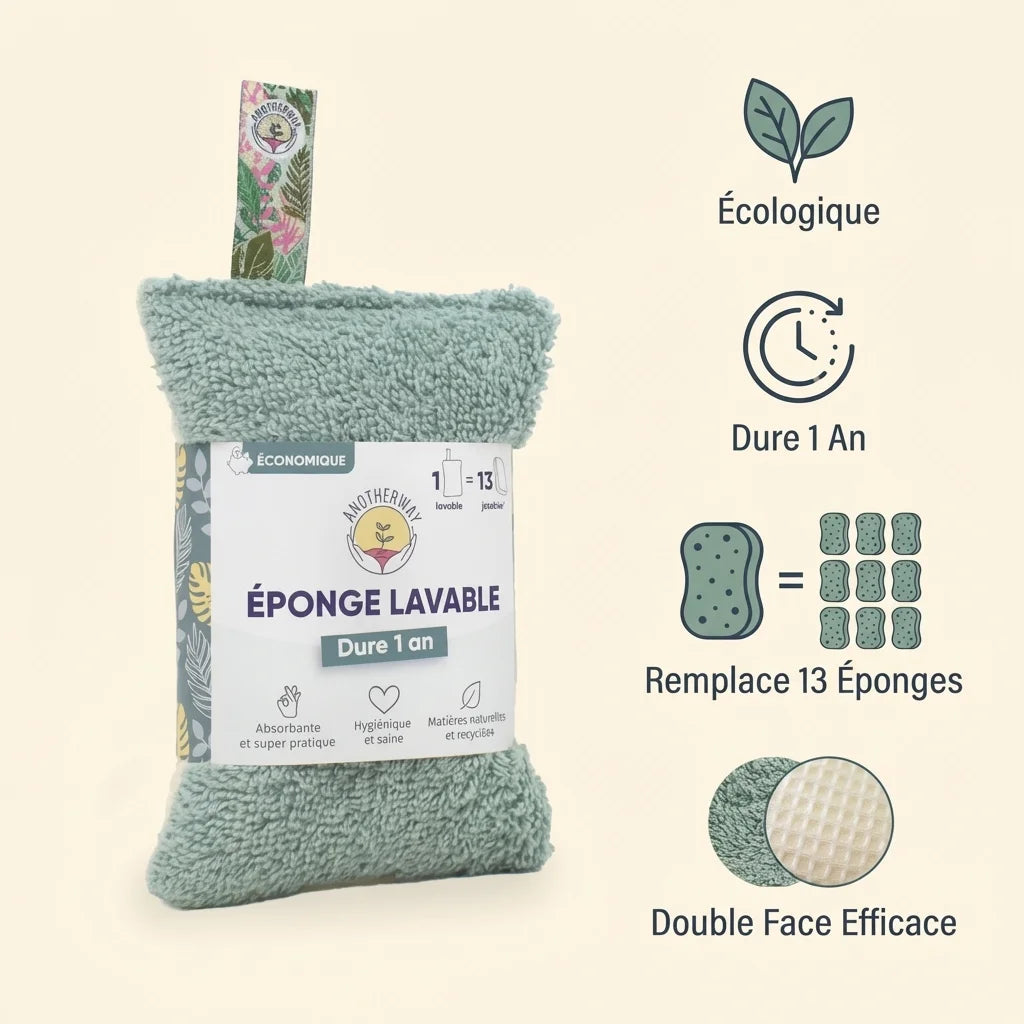 Éponge lavable verte écologique Anotherway avec bénéfices : dure 1 an, remplace 13 éponges, double face efficace