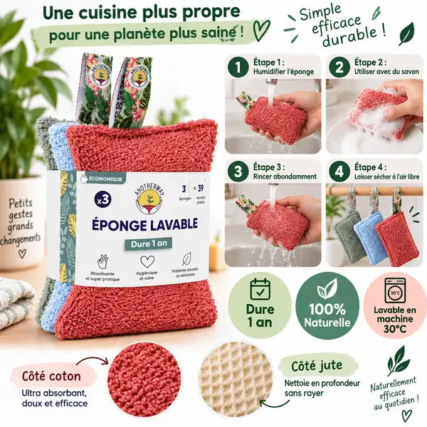 Éponges lavables écologiques Anotherway lot de 3 avec guide d'utilisation et caractéristiques 100% naturelles