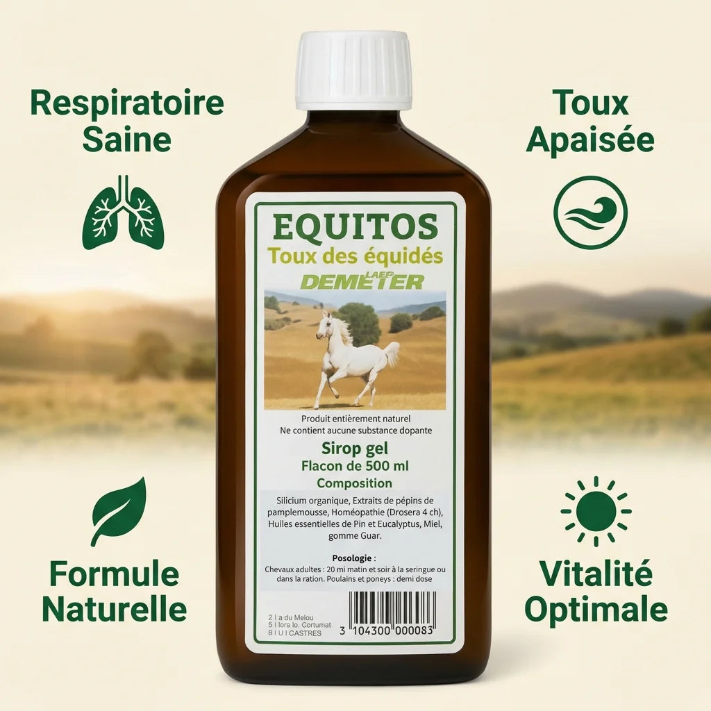 Equitos 500ml flacon pour toux cheval avec infographie bénéfices respiratoires et formule naturelle