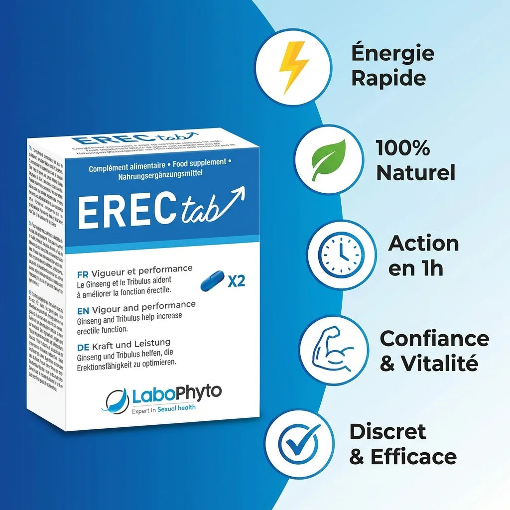 Erectab stimulant naturel Labophyto - boîte bleue avec bénéfices : énergie rapide, 100% naturel, action 1h