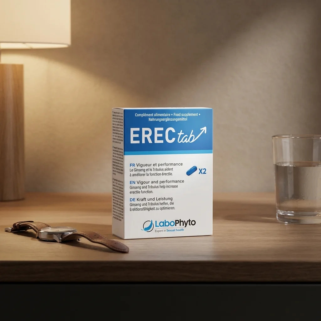 Boîte Erectab stimulant sexuel naturel Labophyto sur bureau moderne avec accessoires lifestyle