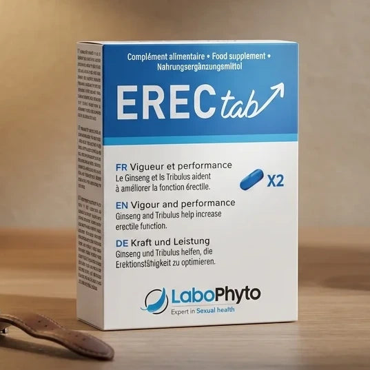 Boîte Erectab stimulant sexuel naturel Labophyto sur bureau moderne avec accessoires lifestyle