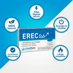 Erectab stimulant sexuel naturel 20 comprimés avec icônes bénéfices sur fond bleu