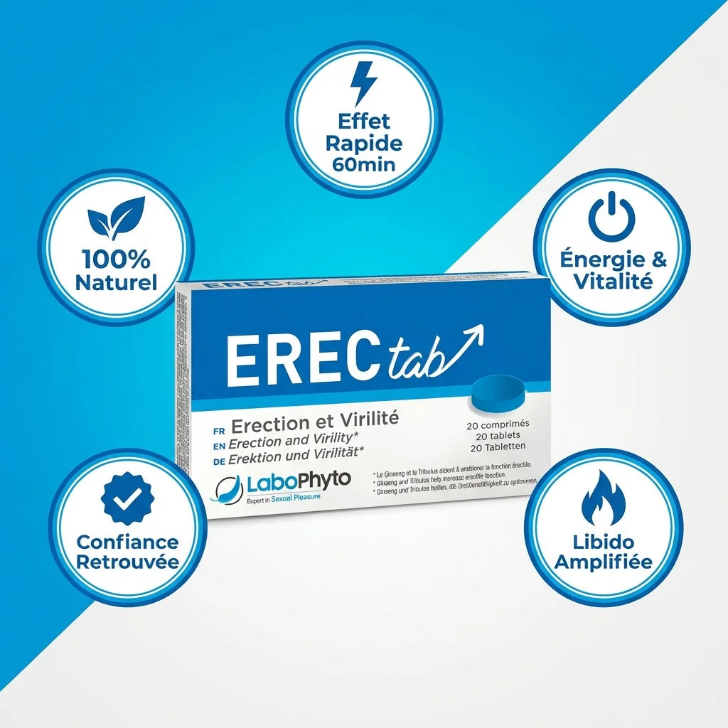 Erectab stimulant sexuel naturel 20 comprimés avec icônes bénéfices sur fond bleu