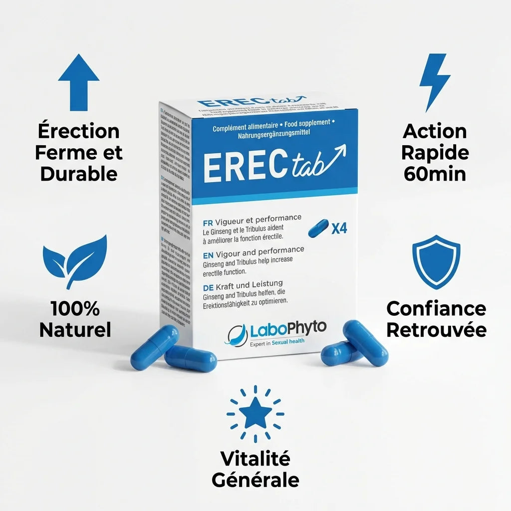Erectab stimulant sexuel naturel - boîte et 4 comprimés bleus avec bénéfices érection durable et action rapide