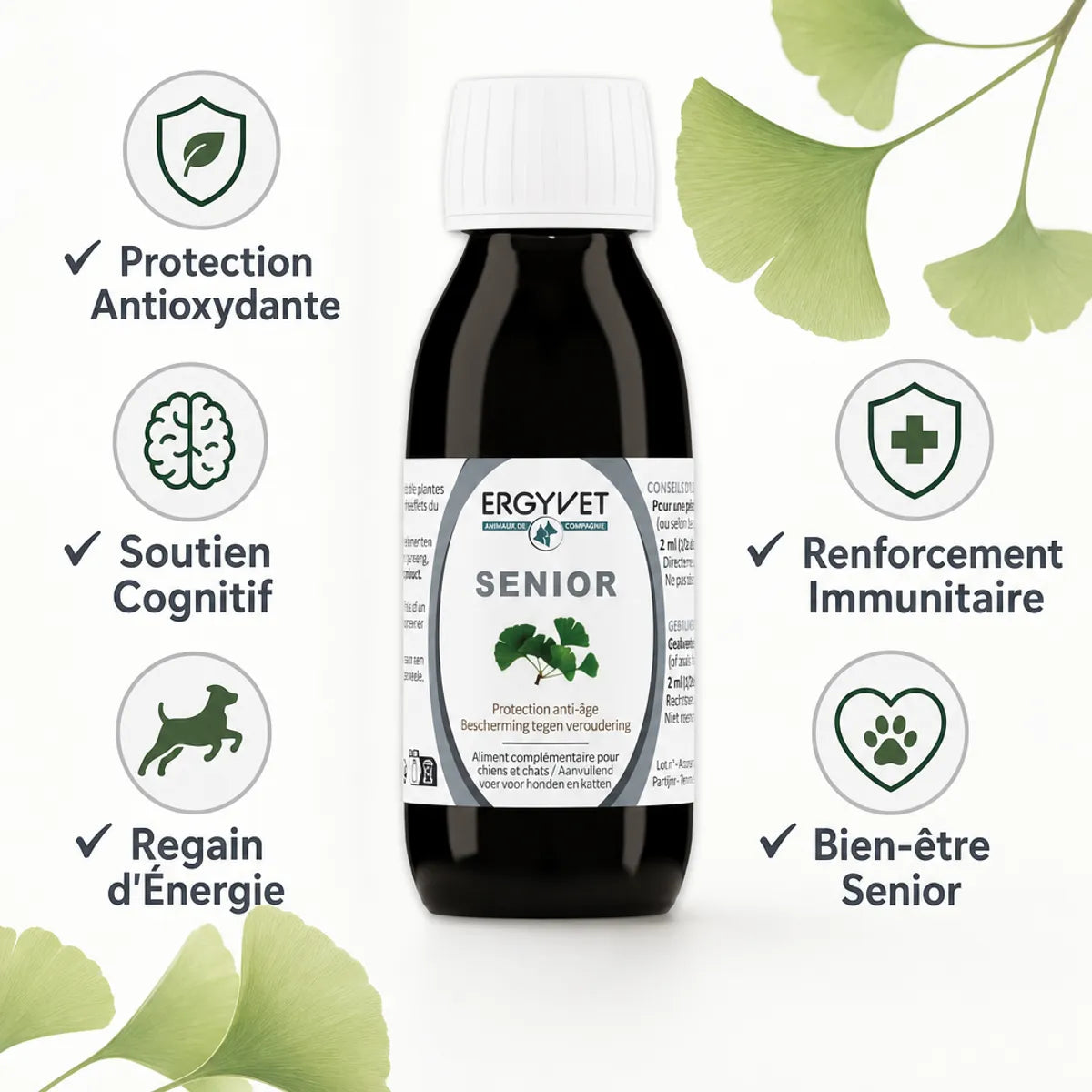 Ergyvet Senior 100ml protection anti-âge chien chat avec bénéfices antioxydants et soutien cognitif