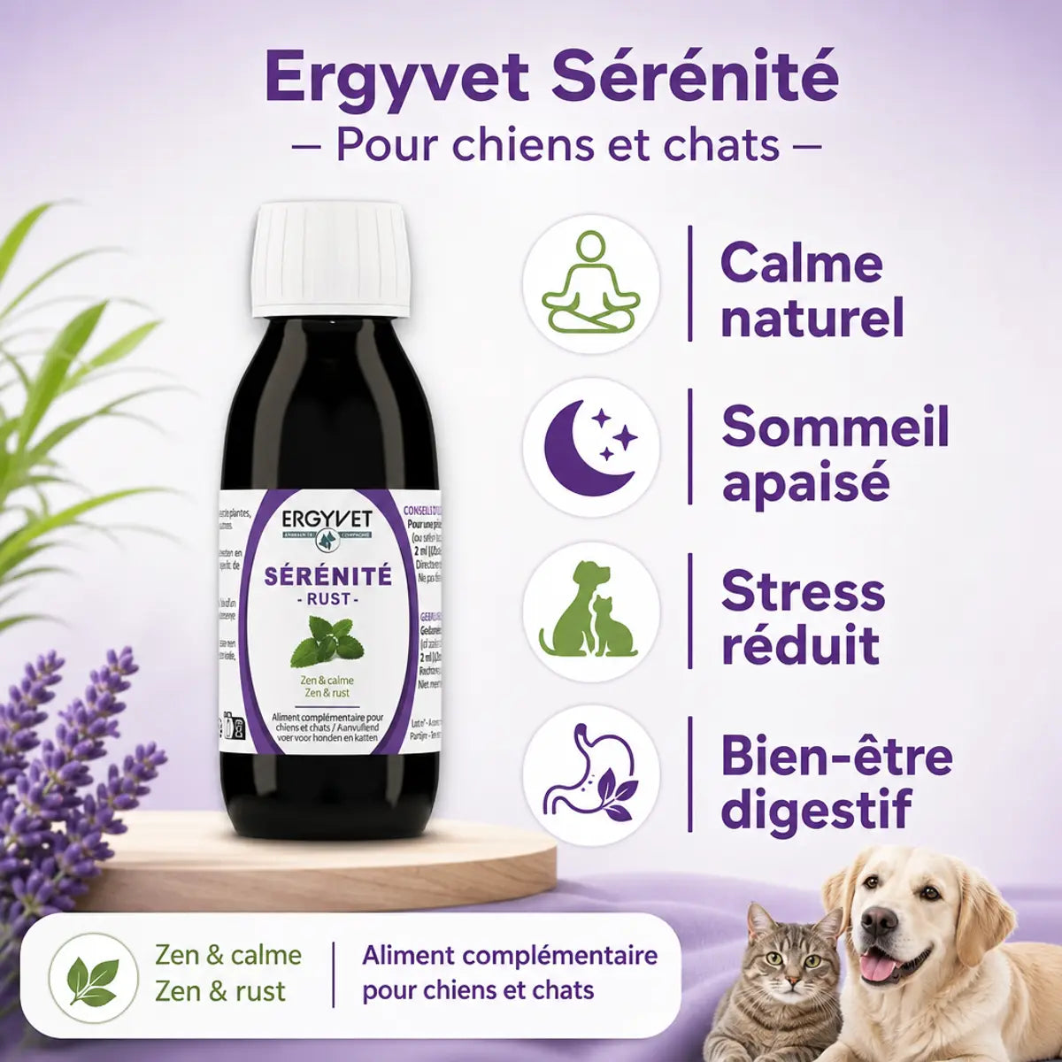 Ergyvet Sérénité - Complément naturel anti-stress pour chiens et chats, flacon 100ml avec bénéfices bien-être