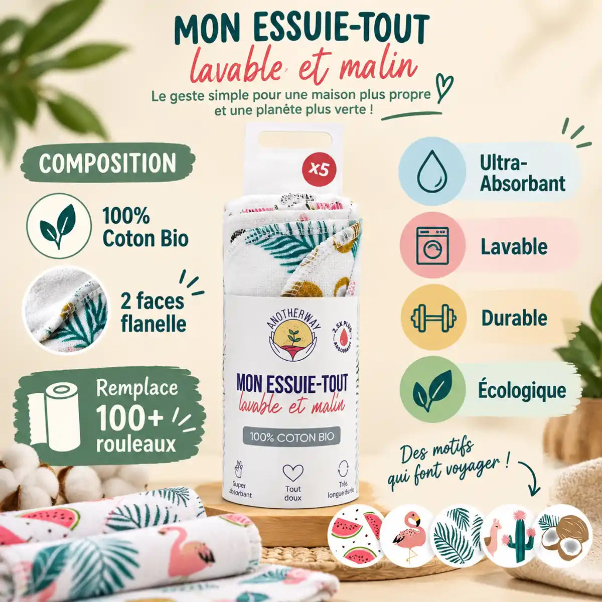 Essuie-tout lavables Anotherway coton bio ultra-absorbants lot 5 pack écologique réutilisable