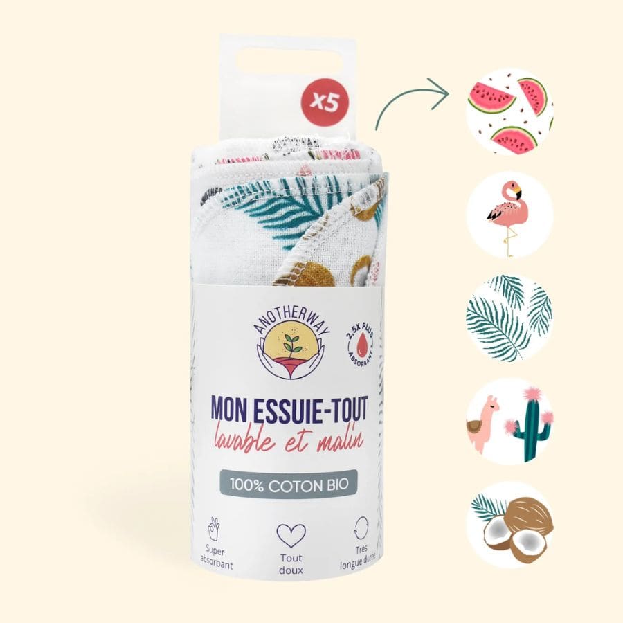 Un lot de 5  essuie-tout lavables coton bio ultra-absorbants de la marque Anotherway