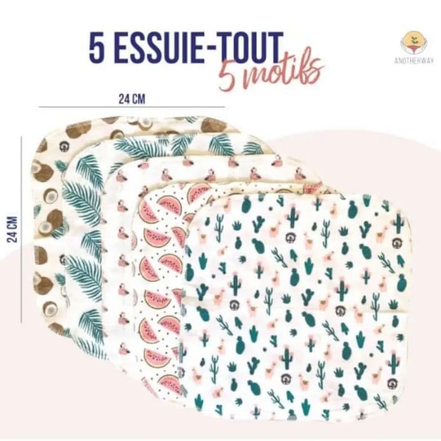 Zoom sur les 5 motifs des essuie-tout lavables coton bio ultra-absorbants de la marque Anotherway