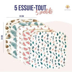 Zoom sur les 5 motifs des essuie-tout lavables coton bio ultra-absorbants de la marque Anotherway