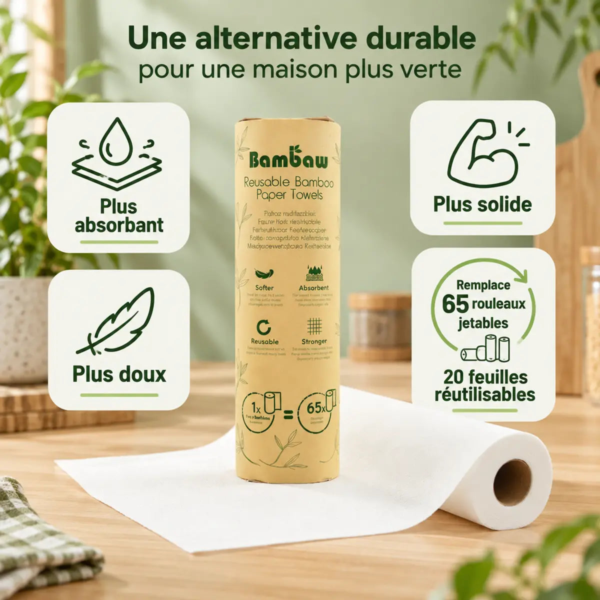 Rouleau d'essuie-tout réutilisable en bambou Bambaw avec 20 feuilles, entouré d'infographies sur son absorption et sa solidité