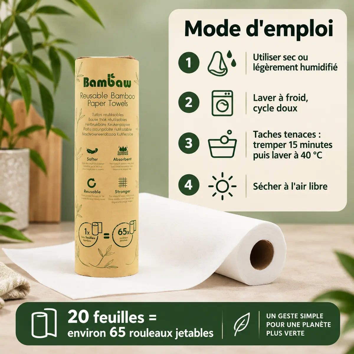 Essuie-tout réutilisables en bambou Bambaw, 20 feuilles, avec mode d'emploi en 4 étapes sur fond vert sauge