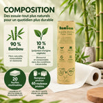 Essuie-tout réutilisables Bambaw en bambou, 20 feuilles, à côté d'une infographie montrant 90 % bambou et 10 % PLA d'origine végétale