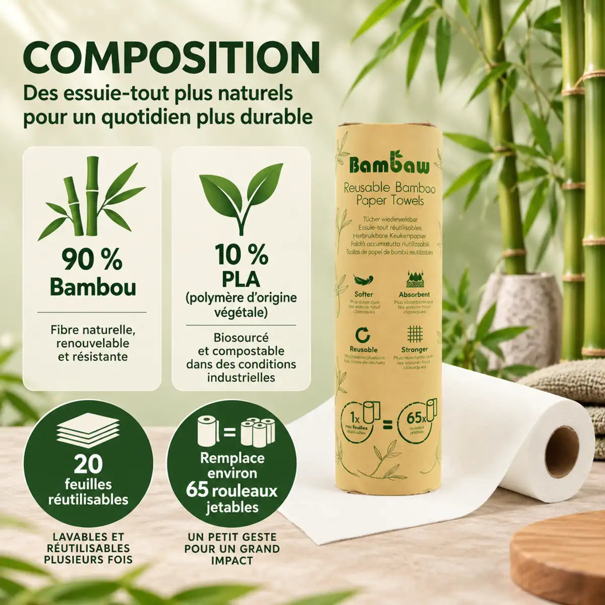 Essuie-tout réutilisables Bambaw en bambou, 20 feuilles, à côté d'une infographie montrant 90 % bambou et 10 % PLA d'origine végétale
