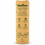Rouleau d'essuie-tout réutilisable en bambou Bambaw sur fond blanc, avec logo vert, icônes et mention « 1x = 65x »