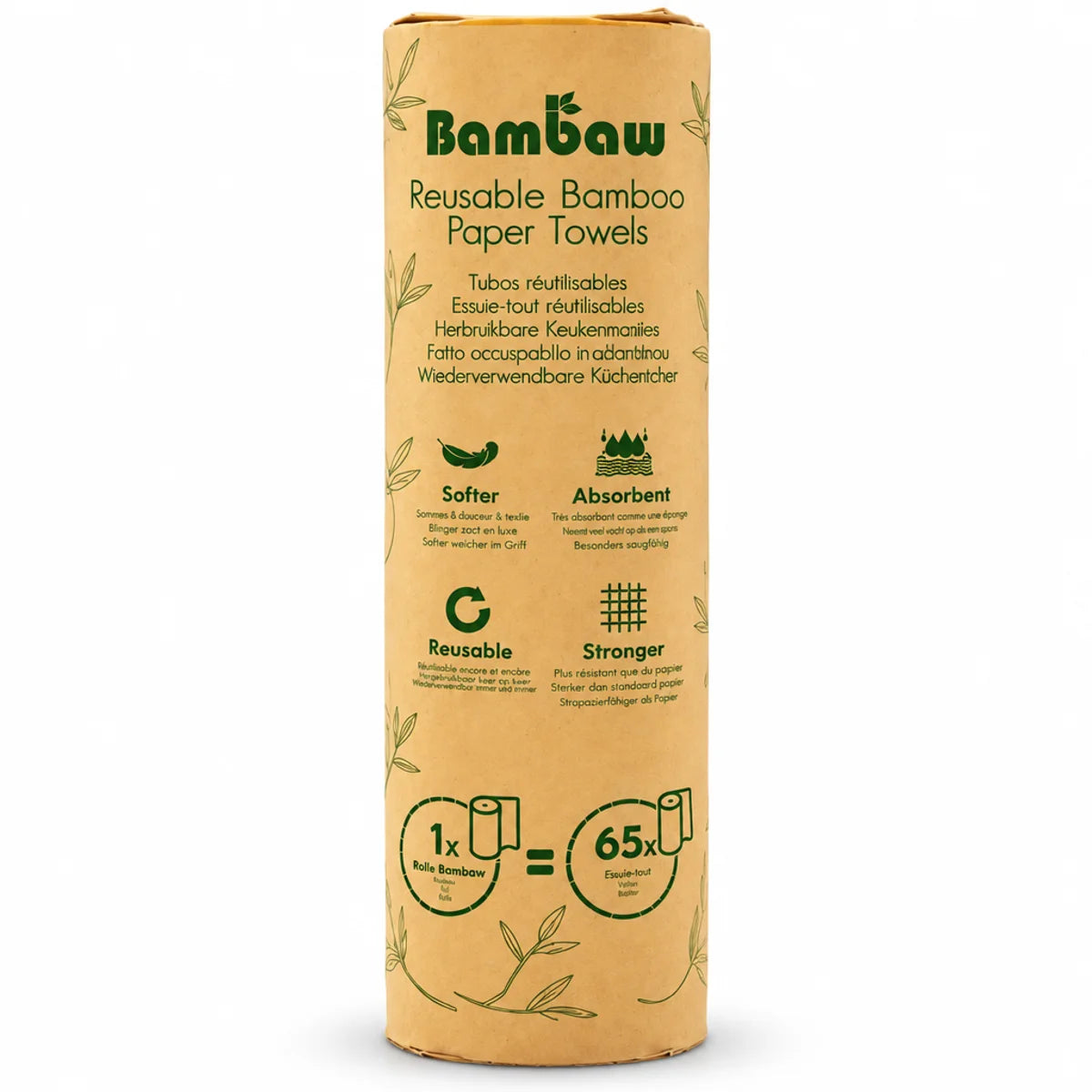 Rouleau d'essuie-tout réutilisable en bambou Bambaw sur fond blanc, avec logo vert, icônes et mention « 1x = 65x »