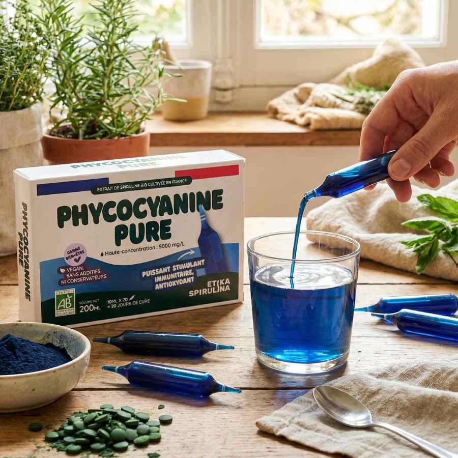 Une main versant de la phycocyanine de la marque etika spirulina dans un verre