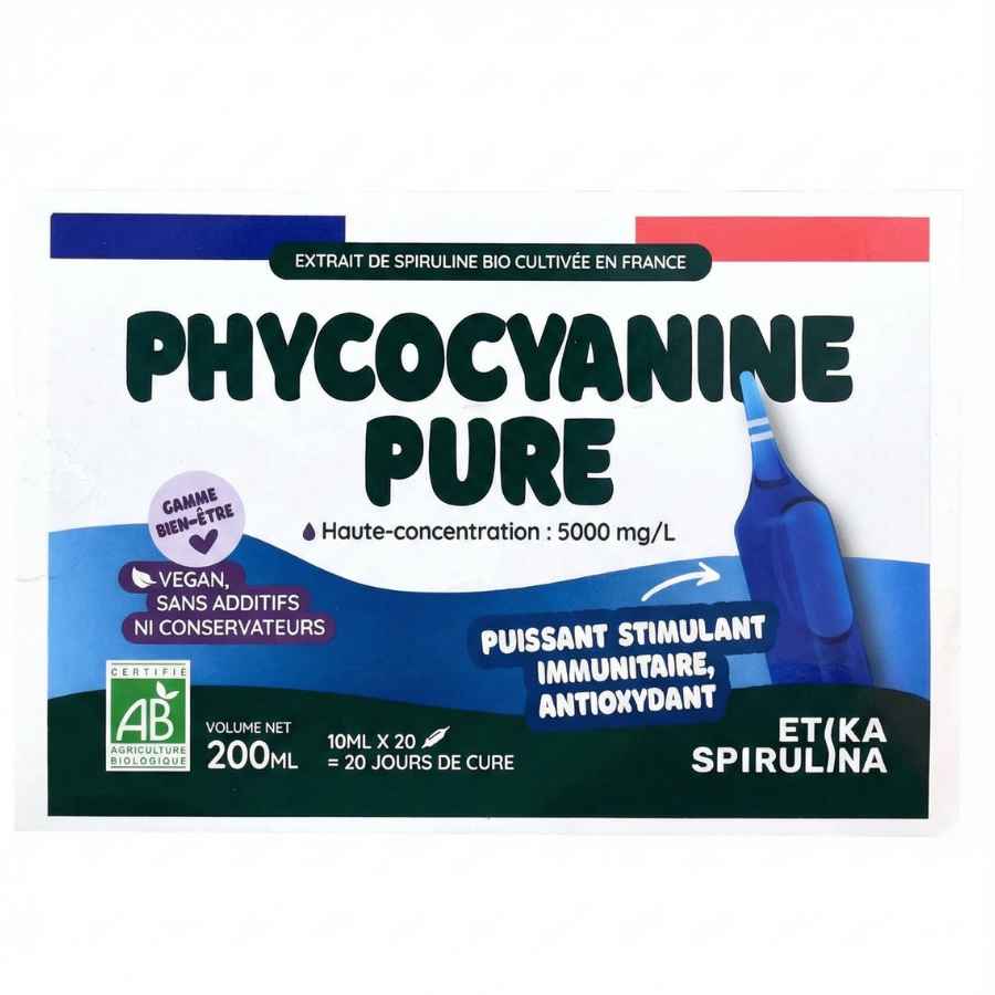Un pack de 20 ampoules de phycocyanine pure de la marque etika spirulina