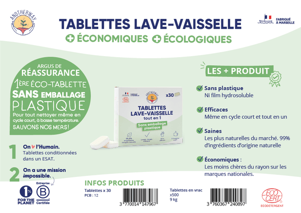 L'étiquette de l'emballage du pack de tablettes lave-vaisselle de 30 unités de la marque Anotherway