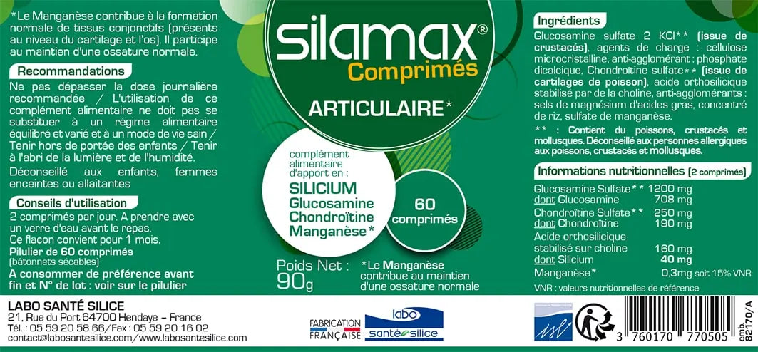 Photo de l'étiquette de la boite de SILAMAX de 60 comprimés de la marque Labo Santé Silice