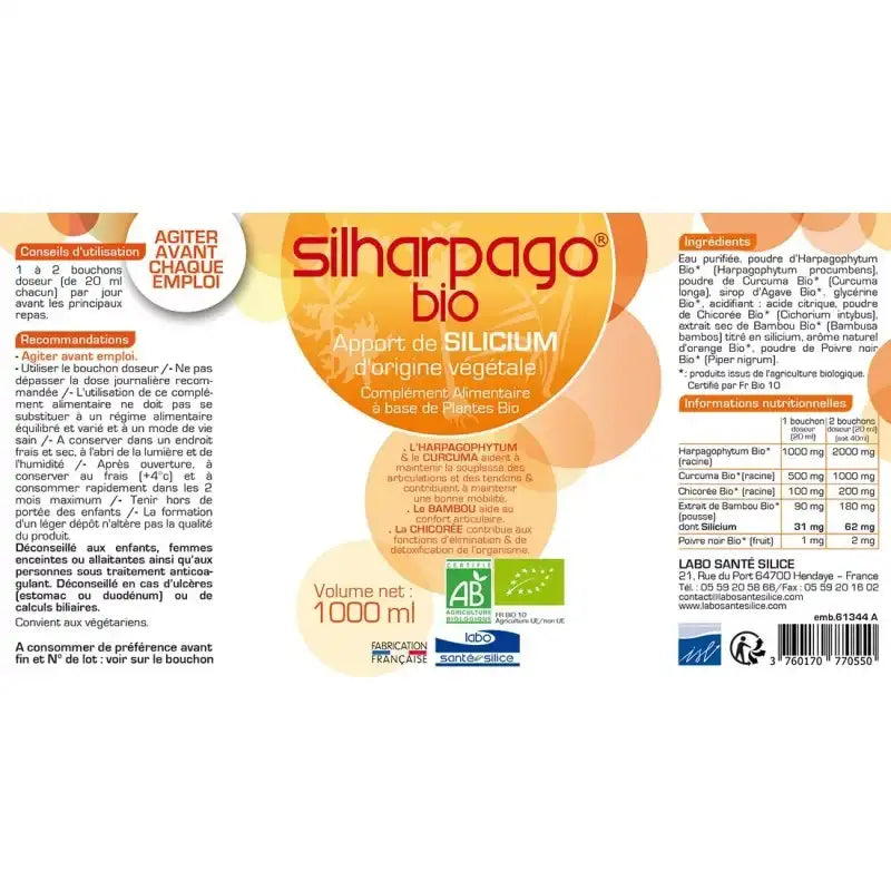 L'étiquette complète d'un flacon de Silharpago Silicium Bio de 1 Litre de la marque Labo Santé Silice