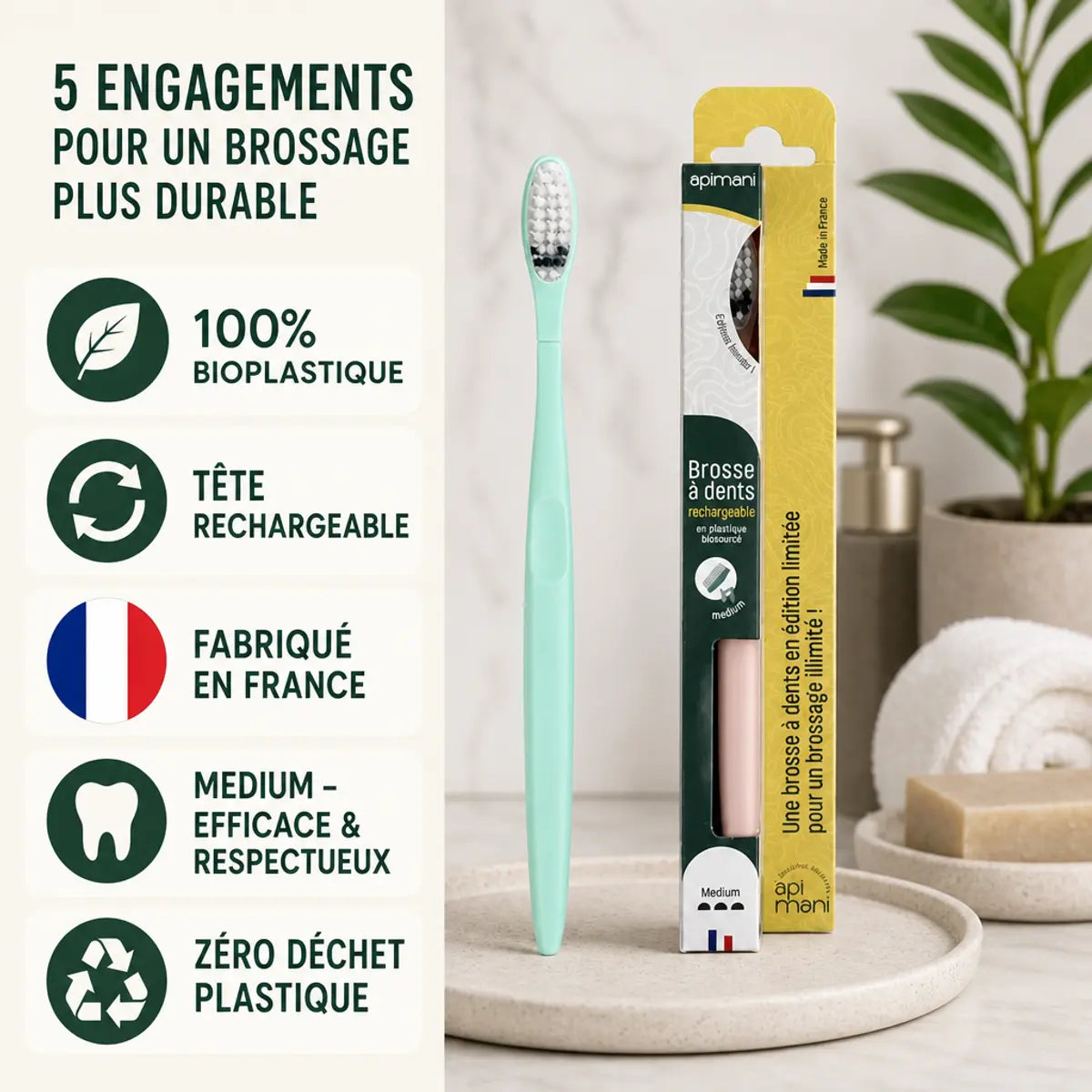 Brosse à dents bioplastique Apimani medium avec étui, tête rechargeable, fabriquée en France, zéro déchet