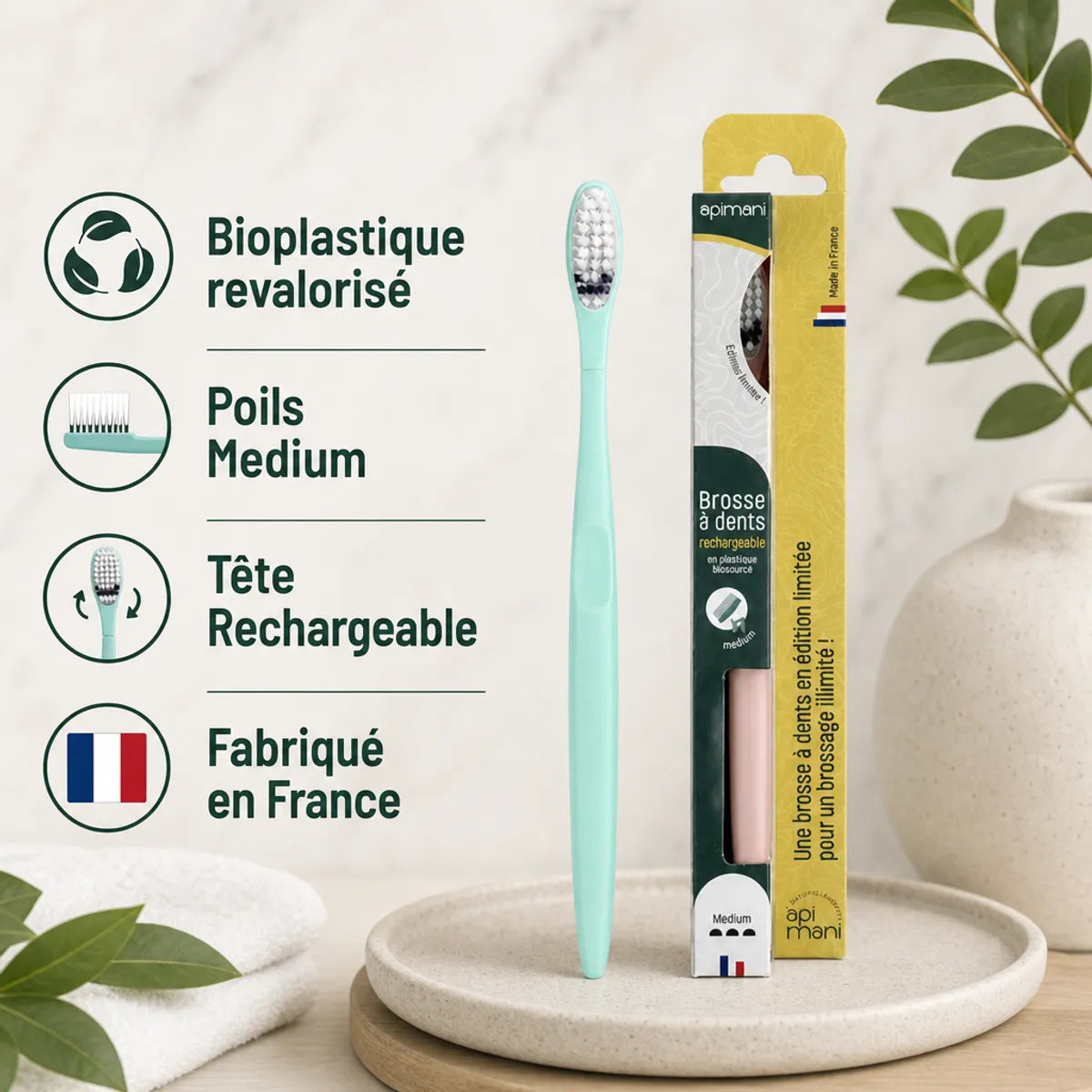 Brosse à dents rechargeable Apimani en bioplastique avec étui, poils medium, fabriquée en France
