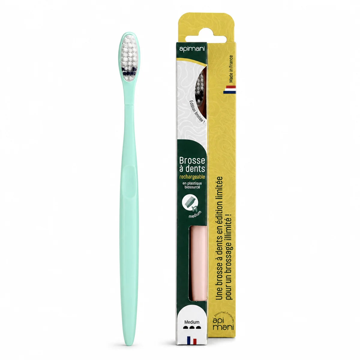 Brosse à dents électrique Apimani bioplastique vert menthe avec étui de rangement jaune-vert