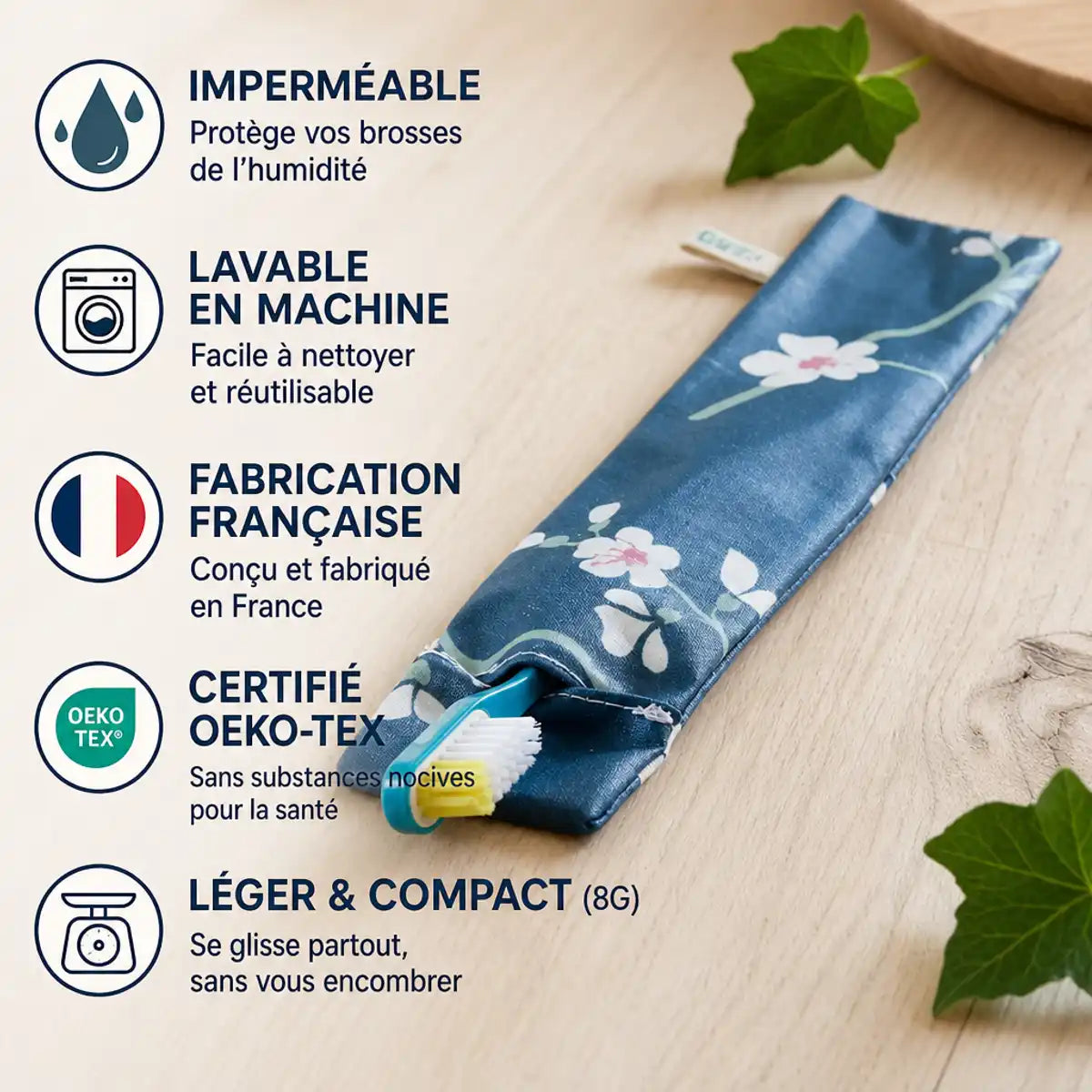 Etui brosses à dents coton imperméable Angie Be Green avec infographie certifications et caractéristiques