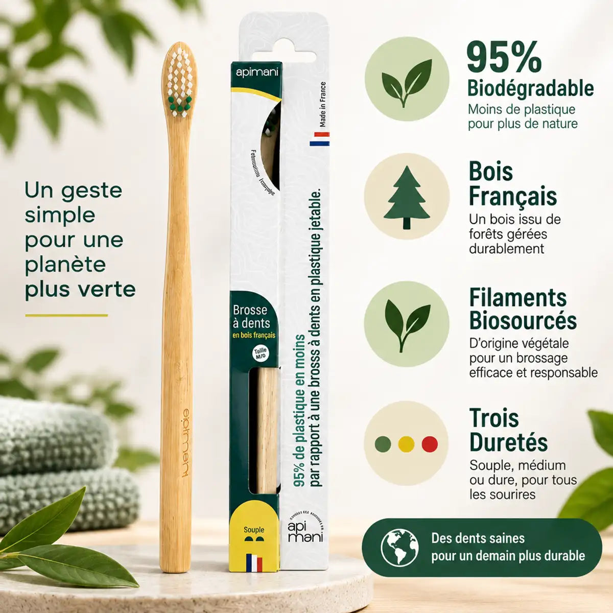Brosse à dents en bois Apimani avec étui coton, biodégradable et bois français