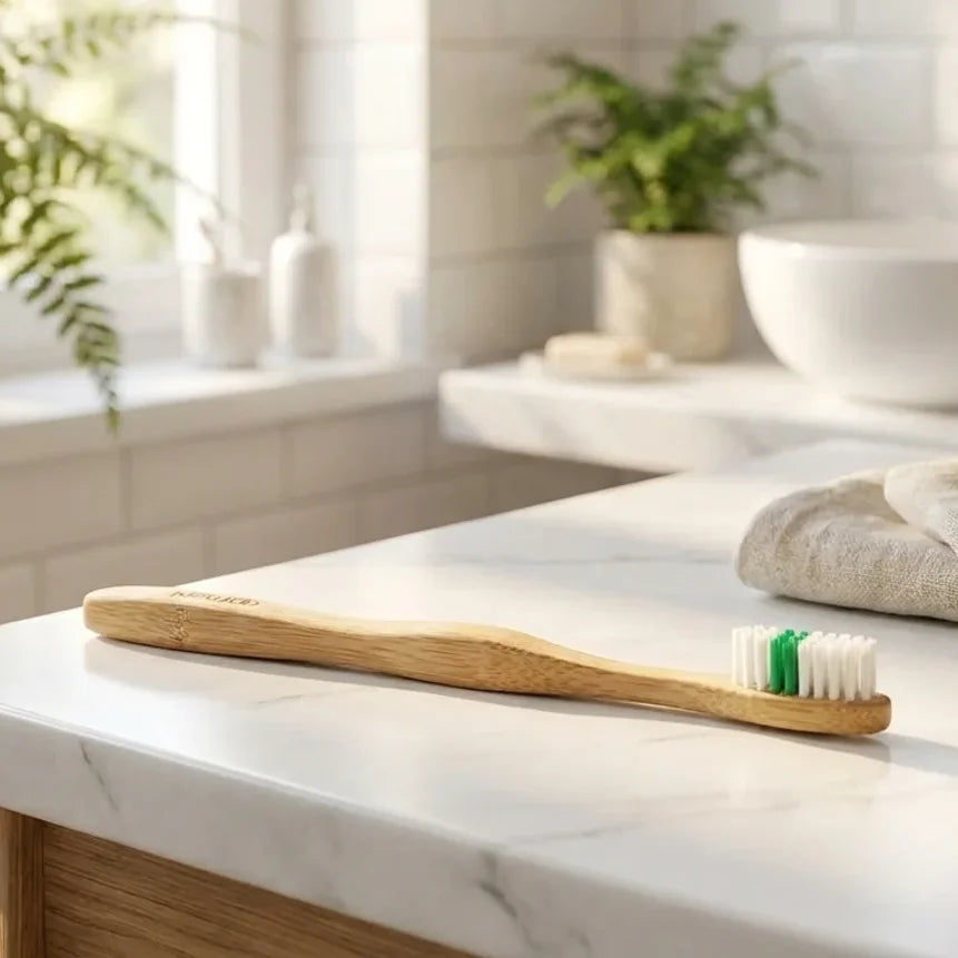 Brosse à dents en bois Apimani avec poils blancs sur marbre blanc