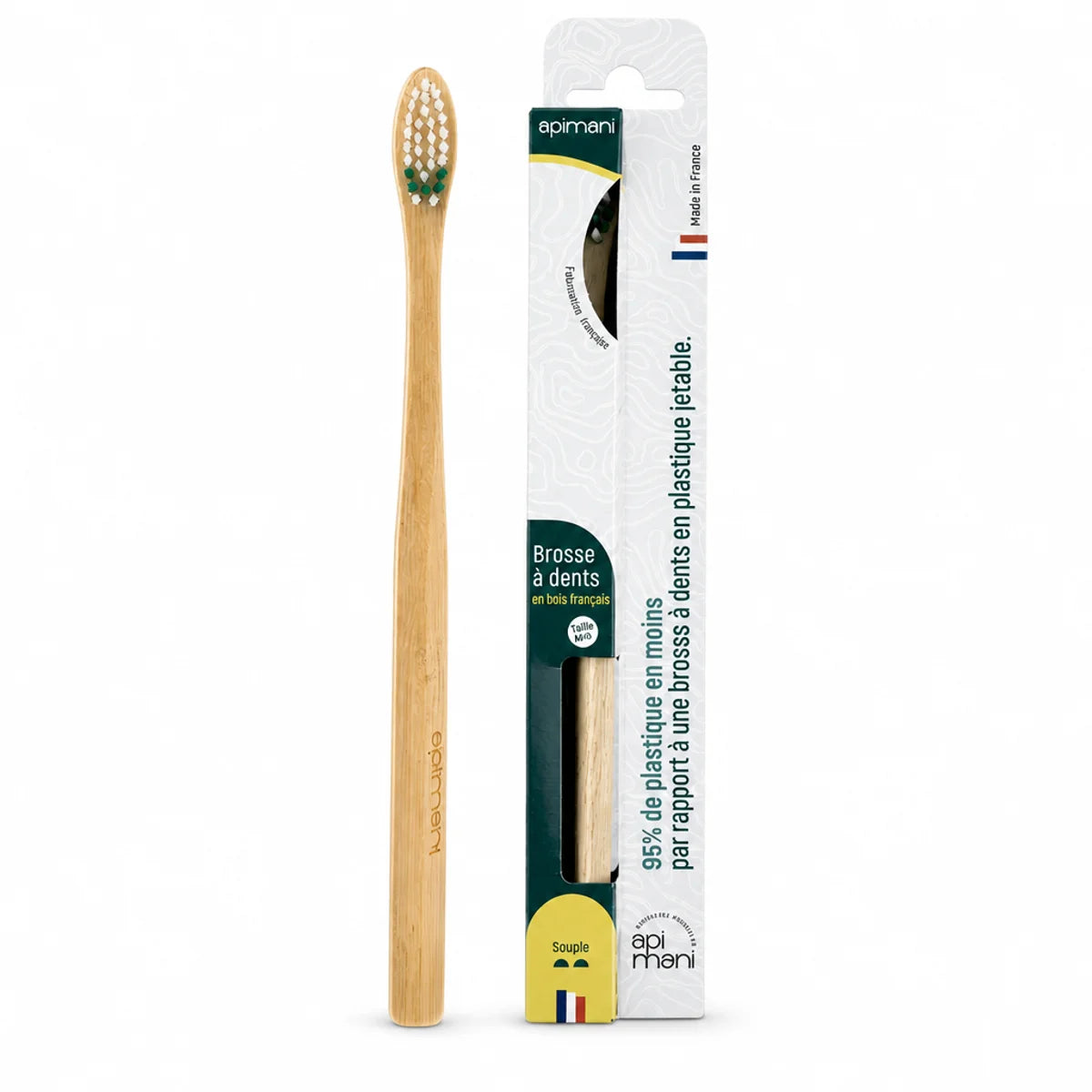Brosse à dents en bois Apimani avec étui souple beige et emballage vert