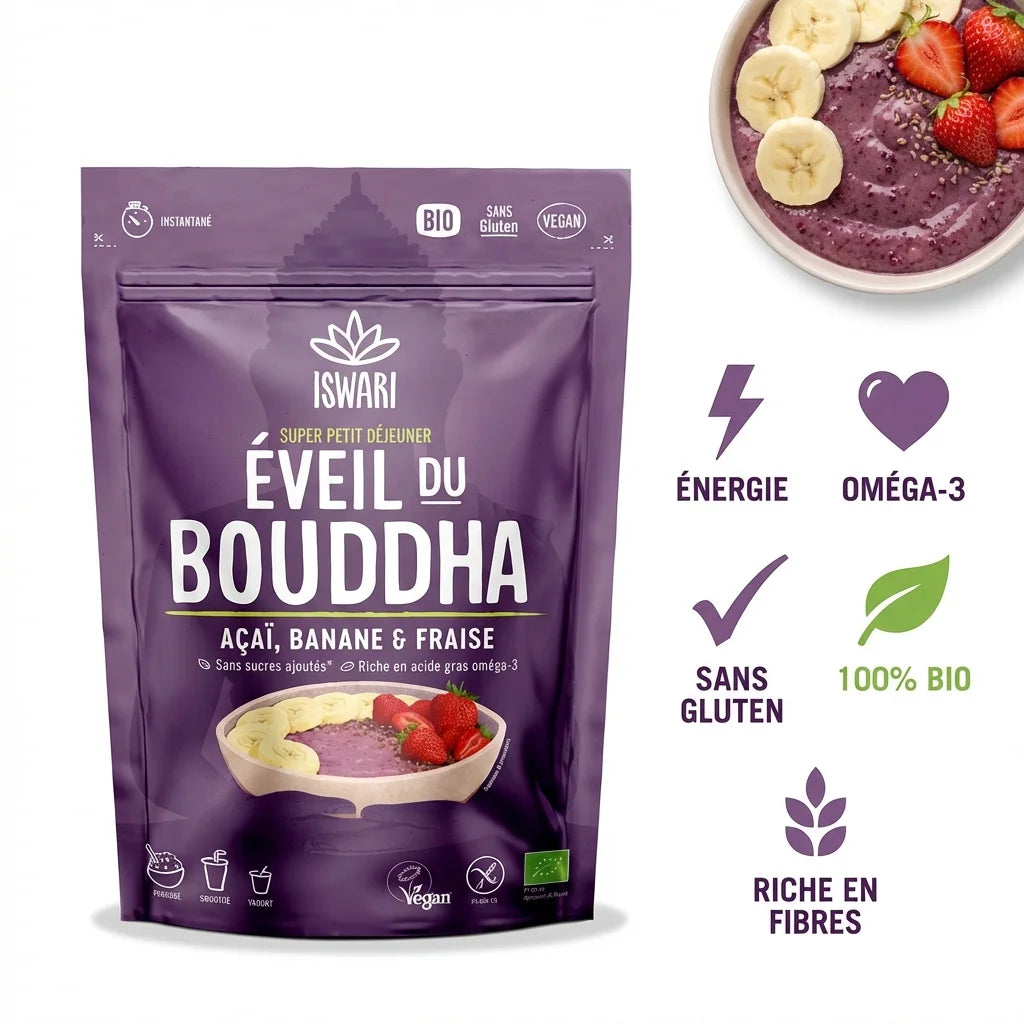 Eveil du Bouddha Açaï Banane Fraise Iswari 360g - Porridge bio sans gluten riche en oméga-3