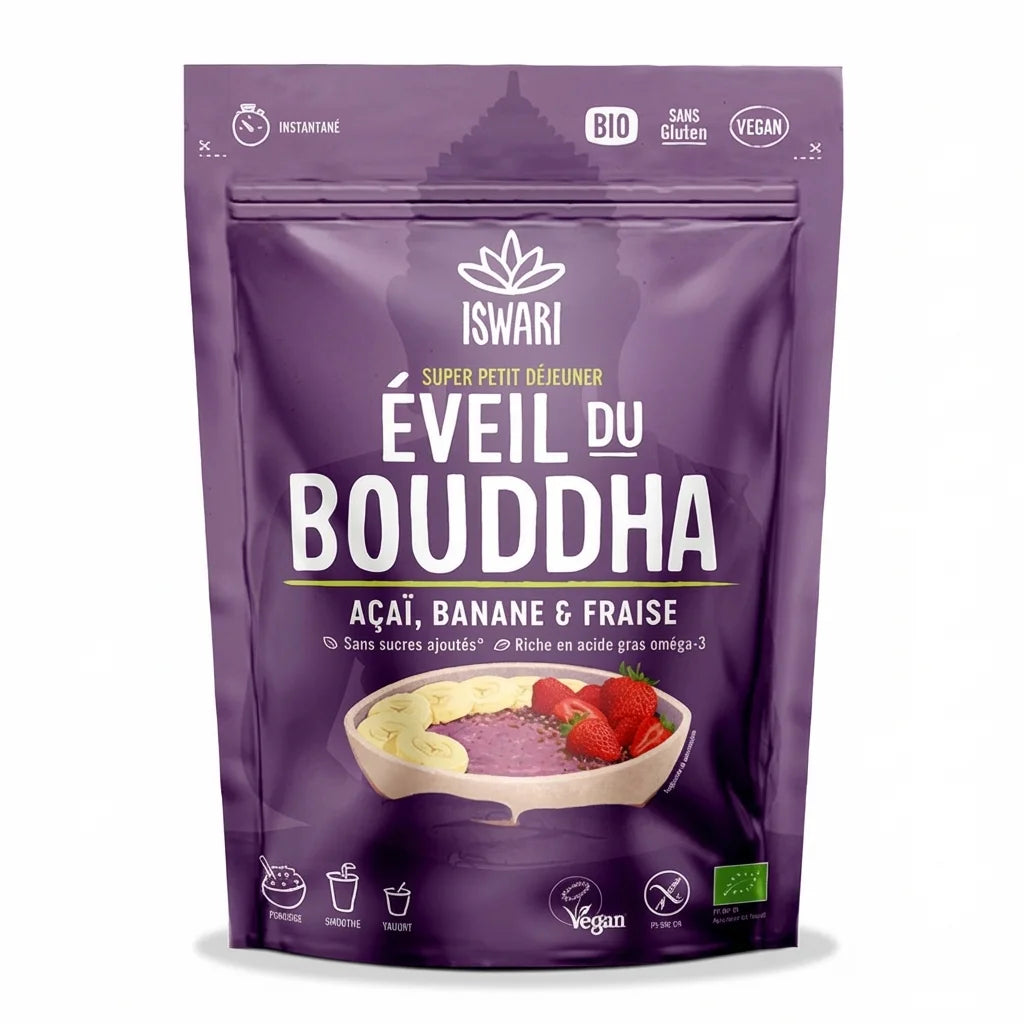 Iswari Eveil du Bouddha Açaï Banane Fraise 360g - Emballage violet avec bol de smoothie