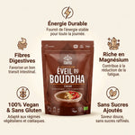 Éveil du Bouddha Cacao Iswari 360g - Infographie des bénéfices: énergie, magnésium, sans sucre, vegan