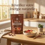 Eveil du Bouddha Cacao Iswari 360g bio vegan avec bol de porridge au chocolat