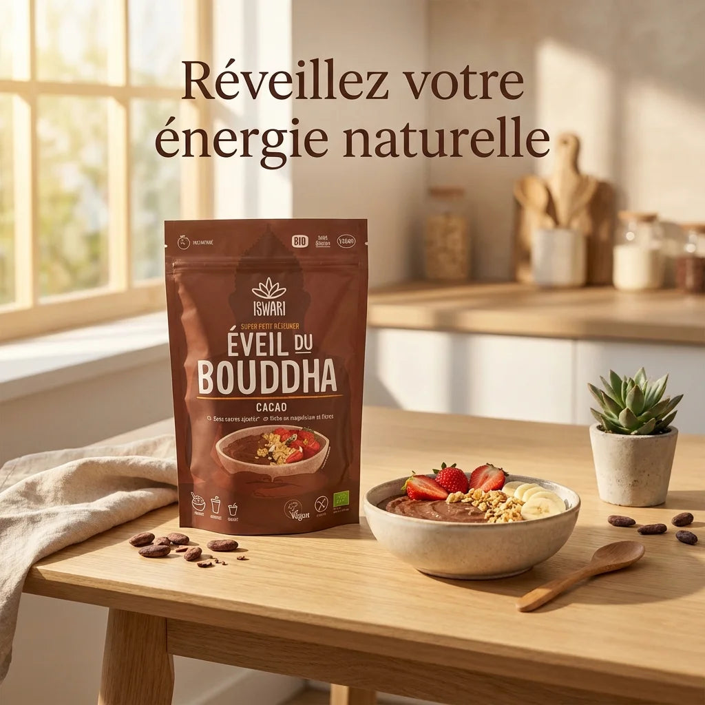Eveil du Bouddha Cacao Iswari 360g bio vegan avec bol de porridge au chocolat