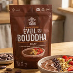 Eveil du Bouddha Cacao 360g Iswari avec bol de porridge au chocolat et fruits frais